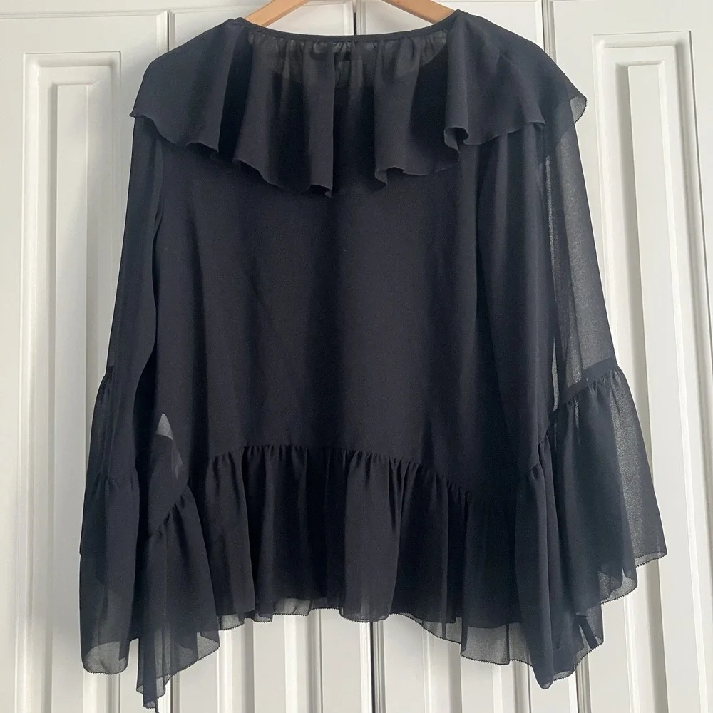 REBECCA‎ MINKOFF Patti Black Semi Sheer Chiffon Ruffle Bell Sleeve Top XS NWT - Picture 6 of 10